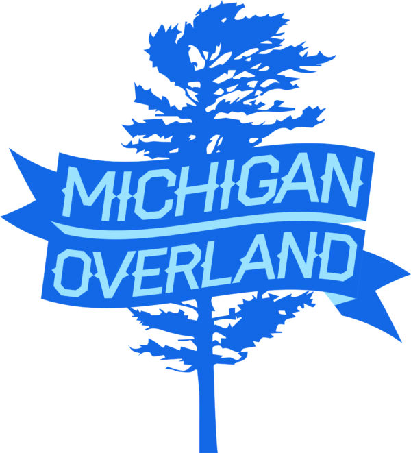 Michigan Overland blue tree and banner logo